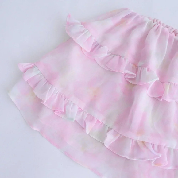 For Love And Lemons Pink  & Cream Floral Ariana Layered Ruffle Mini Skirt S - Picture 10 of 10